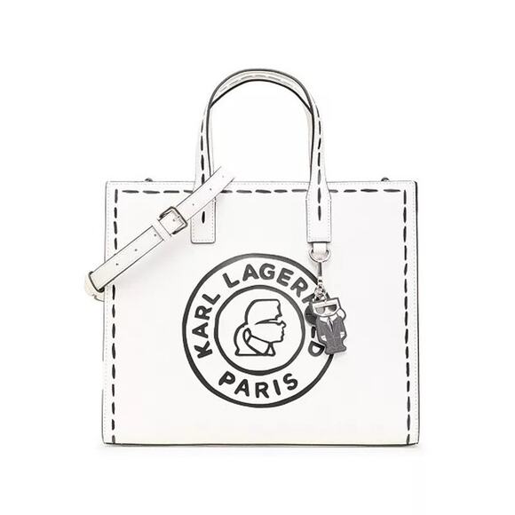 NWT Karl Lagerfeld Paris Nouveau Winter White Leather Black Logo Small Tote Bag